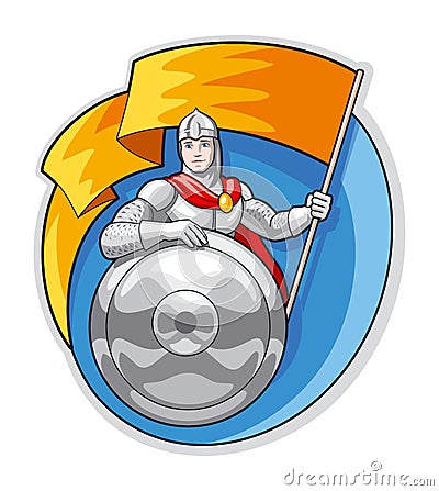 Knight with a flag in his hand and a shield on background Vector Illustration