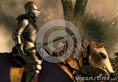 Knight in a Foggy Forest Stock Photo