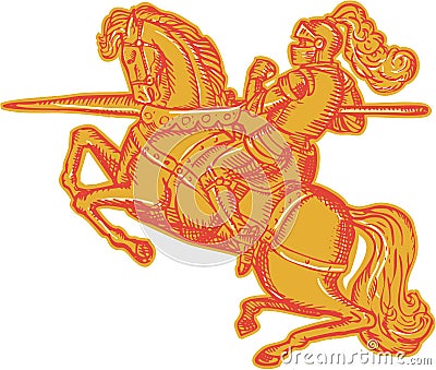 Knight Full Armor Horseback Lance Etching Vector Illustration