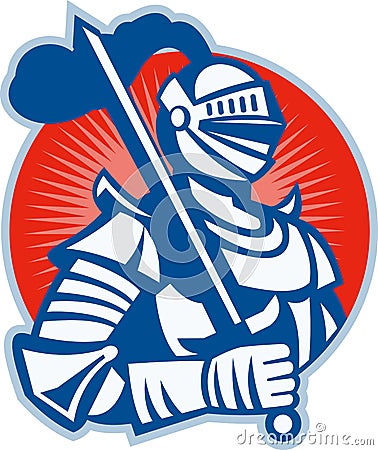 Knight Full Armor With Sword Retro Vector Illustration