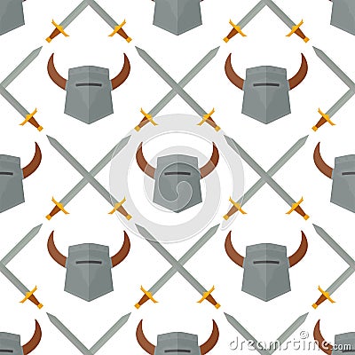 Knight helmet medieval weapons heraldic knighthood protection medieval kingdom sword gear knightly seamless pattern Vector Illustration