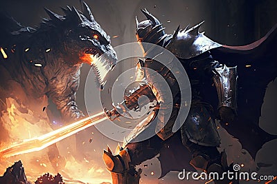 Knight in High-Tech Armor Suit Wields Huge Sword in Explosive Battle Against Giant Dragon. AI Stock Photo