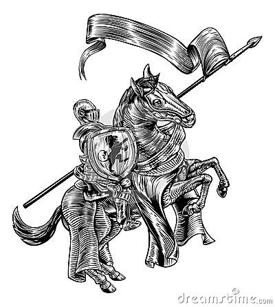 Medieval Knight on Horse Vintage Woodcut Style Vector Illustration