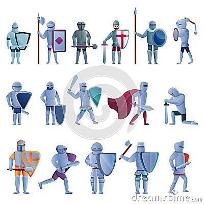 Knight icons set, cartoon style Vector Illustration