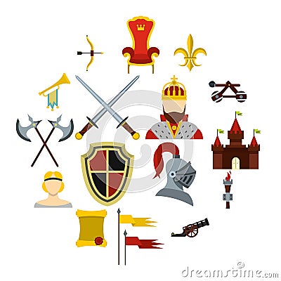 Knight icons set, flat style Cartoon Illustration