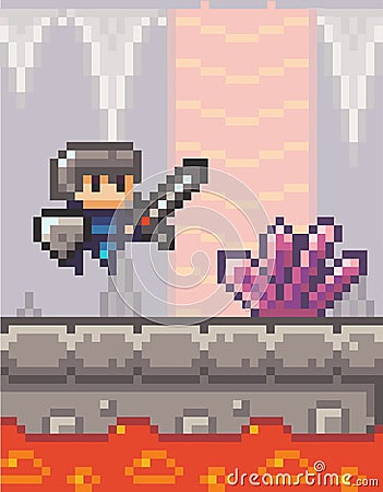 Knight jumping over obstacle with boiling lava or magma in cave, pixel game interface, personage Vector Illustration