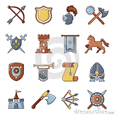 Knight medieval icons set, cartoon style Vector Illustration