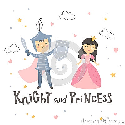 knight and princess standing on white background Vector Illustration