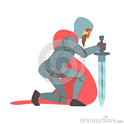 Knight With Red Cape And Sword Kneeling Fairy Tale Cartoon Childish Character Vector Illustration