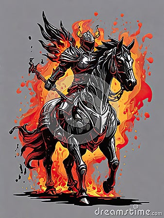 A Knight riding a horse on fire, illustration of a knight riding a horse on fire, powerful warrior riding a horse with fire flames Cartoon Illustration