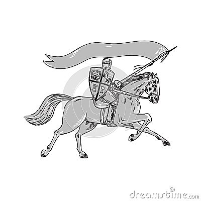 Knight Riding Horse Shield Lance Flag Retro Vector Illustration