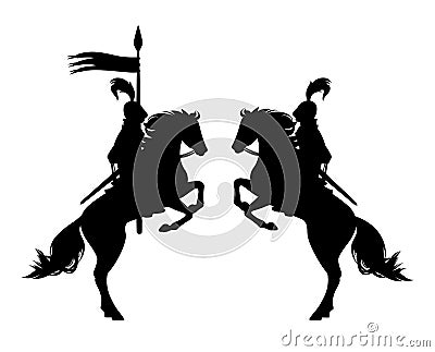 Knight riding rearing up hrse with banner spear black vector silhouette Vector Illustration