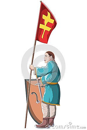 Knight s squire in a medieval costume with a flag and weapons. Vector illustration. Cartoon Illustration