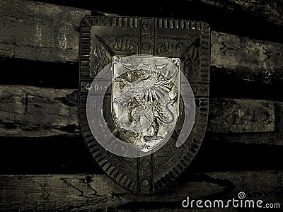 Knight shield on wall. Black and white Stock Photo