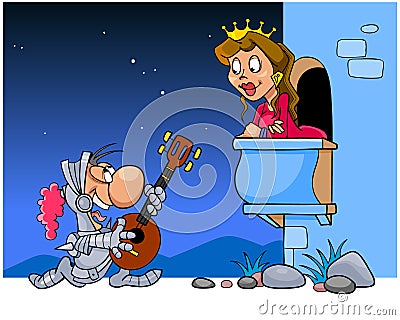 Knight sings a serenade under the balcony Vector Illustration