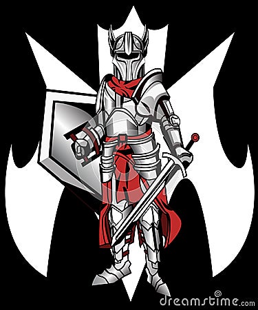 Knight stands with sword and shield Vector Illustration