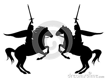 Knight with sword riding rearing up horse black vector silhouette Vector Illustration