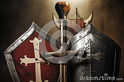Knight sword and two armor shields. Generative AI Stock Photo
