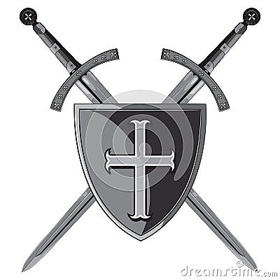 Knight swords. Two crossed knight of the sword and shield of the Crusader Vector Illustration