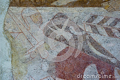 Knight with Thor`s hammer on the shield and a Norman sword. Medieval fresco Stock Photo