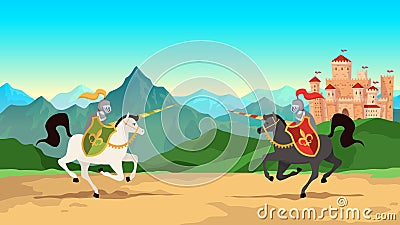 Knight tournament. Battle between medieval warriors in metal armour with lance weapons riding horses. Historical vector Vector Illustration