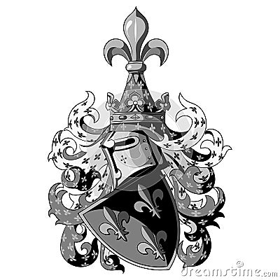 Knightly coat of arms. Heraldic medieval knight helmet and shield Vector Illustration