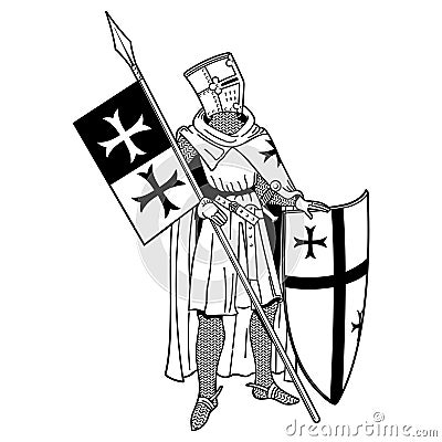 Knightly design. Knight Templar in armor with a spear, shield, flag and medieval knight seal Vector Illustration