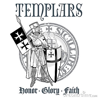 Knightly design. Knight Templar in armor with a spear, shield, flag and medieval knight seal Vector Illustration