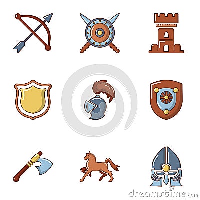 Knightly tournament icons set, cartoon style Vector Illustration