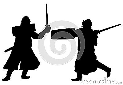 Knights in armor, with sword and shield in battle silhouette. Cartoon Illustration