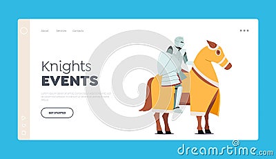 Knights Events Landing Page Template. Ancient Medieval Warrior Wear Armor Sit on Horse Back with Shield Vector Illustration