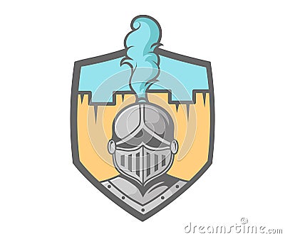 Knights helmet on colorful shield Vector Illustration