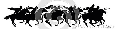 Knights are jumping. Scenery Black silhouette. Medieval warriors with spears and in armor ride horses. Object isolated Vector Illustration