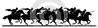 Knights are jumping. Symbolic image. Scenery silhouette. Medieval warriors with spears and in armor ride horses. Object Stock Photo