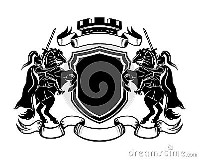 Knights with swords riding a horse and shield. Vector Illustration