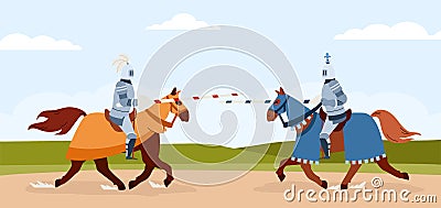 Knights tournament of horsemen armed with lances, flat vector illustration. Vector Illustration