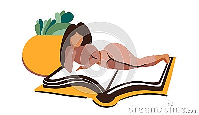 The girl lies on the book and reads it. Home cozy atmosphere of reading books. Vector Illustration