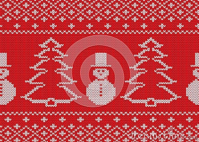 Knit christmas design with snowmen and christmas trees. Vector Illustration