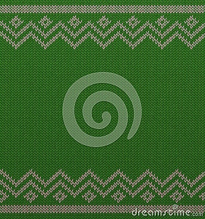 Knit christmas geometric background space for text. Realistic xmas horizontal seamless vector pattern. Knitted winter green Vector Illustration