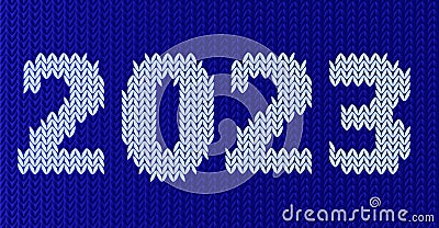 Knit Christmas 2023 vector illustration sign Blue sweater background Festive white knitted ornament on dark background Vector Illustration