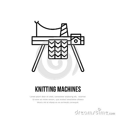 Knit shop line logo. Yarn store flat sign, illustration of knitting machine with yarn pattern Vector Illustration