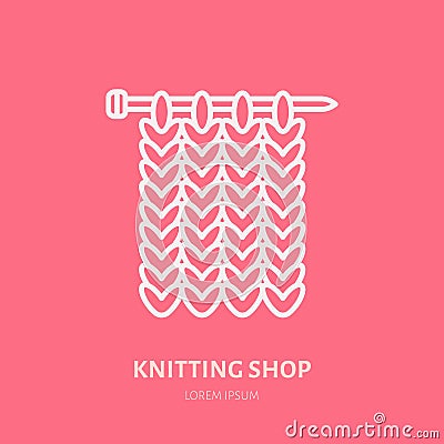 Knit shop line logo. Yarn store flat sign, illustration of knitting needles with yarn pattern Vector Illustration