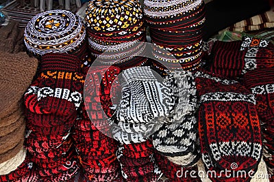 Knit slippers and embroidered skull-caps Turkmenistan. Ashkhaba Stock Photo