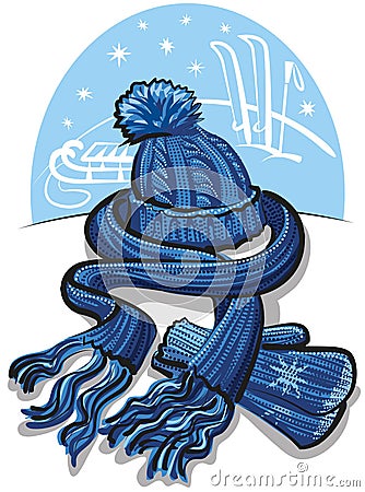 Knit wool scarf, mittens and hat Stock Photo