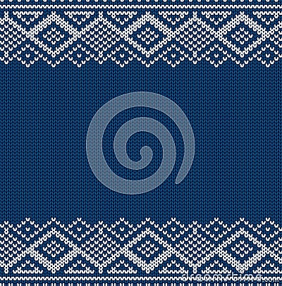 Knitted blue christmas geometric ornament. Winter seamless knit background. Xmas sweater texture design. Vector Illustration