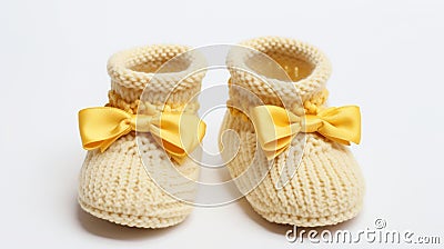 yellow Knitted booties shoes for newborn baby Stock Photo