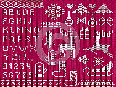 Knitted christmas alphabet and decorative xmas symbols Vector Illustration