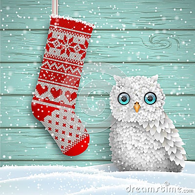 Knitted christmas stocking and cute white owl, illustration Vector Illustration