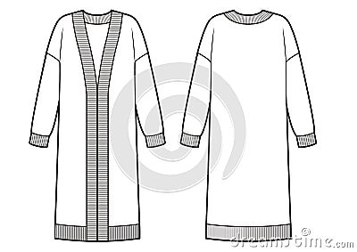 Knitted classic maxi cardigan fashion flat sketch template Vector Illustration