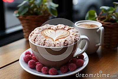 Knitted Coffee and desserts pastry, roses on wooden table. Generative AI Stock Photo